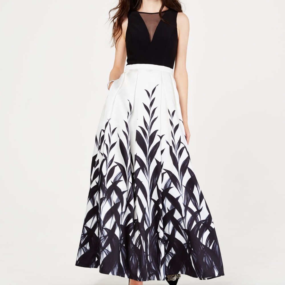 Black & White Floral Gown with mesh neckline